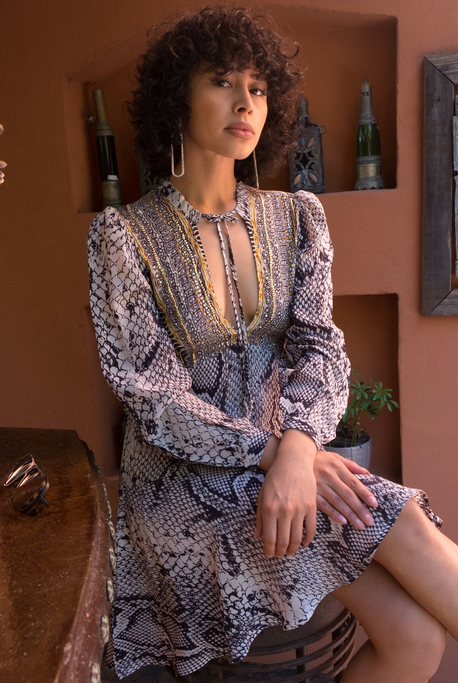 THE WHITESNAKE -  Boho Mini Dress With Bell Sleeve - TheSwankStore